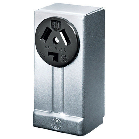 HUBBELL WIRING DEVICE-KELLEMS Straight Blade Devices, Receptacles, Surface Mounted, Aluminum Housing, Industrial Grade, 3-Pole 3-Wire Non-Grounding, 30A 125/250V, 10-30R. HBL9395